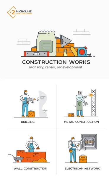 Bauarbeiter, ein neues Projekt, Ingenieur, schätzt. Etappen — Stockvektor