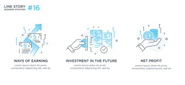 İş konsepti ile illüstrasyon seti. Çalışma akışı, büyüme, grafikler. İş geliştirme, kilometre taşları, başlangıç. doğrusal illüstrasyon Simgesi bilgi grafikleri. İniş sayfası baskı posteri. Çizgi