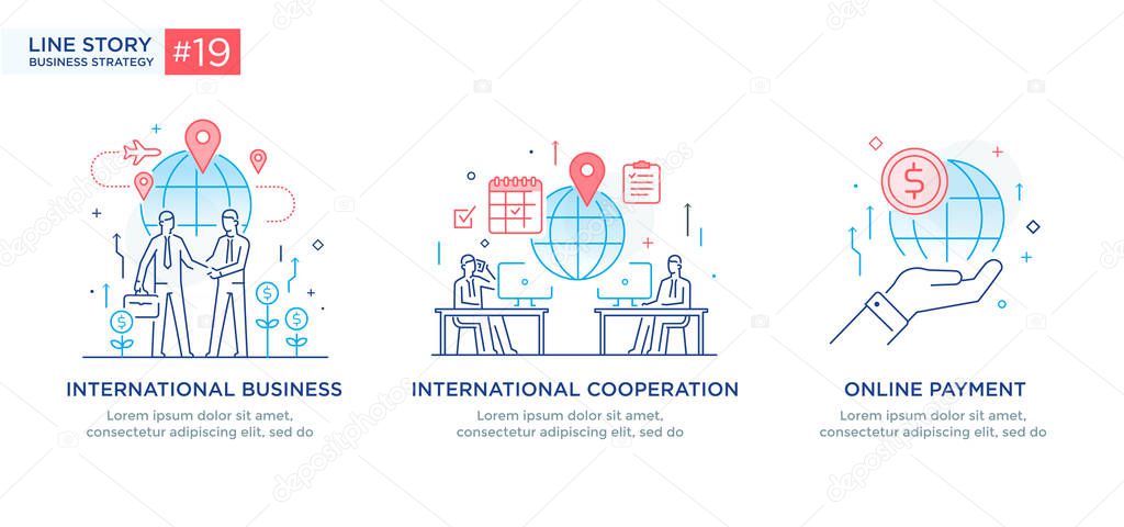 Set of illustrations concept with business concept. Workflow, growth, graphics. Business development, milestones, start-up. linear illustration Icons infographics. Landing page site print poster. Line