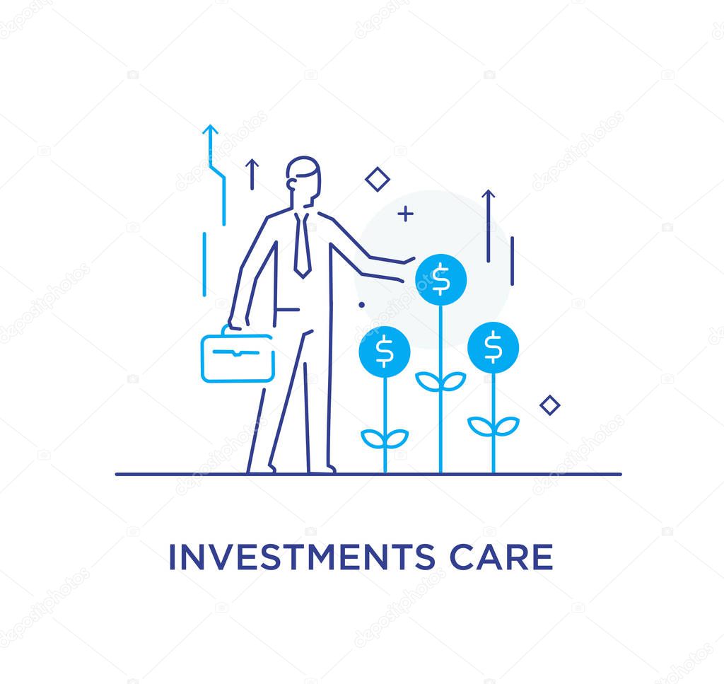 Businessman helps grow incomes. achievements. execution schedule. Success, growth rates. Line icon illustration