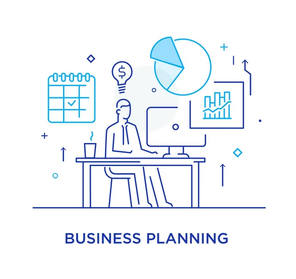 Empresario en el lugar de trabajo interfaz de monitor. Flujo de trabajo, crecimiento, gráficos. Desarrollo de negocios, hitos, puesta en marcha. ilustración lineal Iconos infografías. Página de aterrizaje sitio imprimir cartel. Línea — Vector de stock