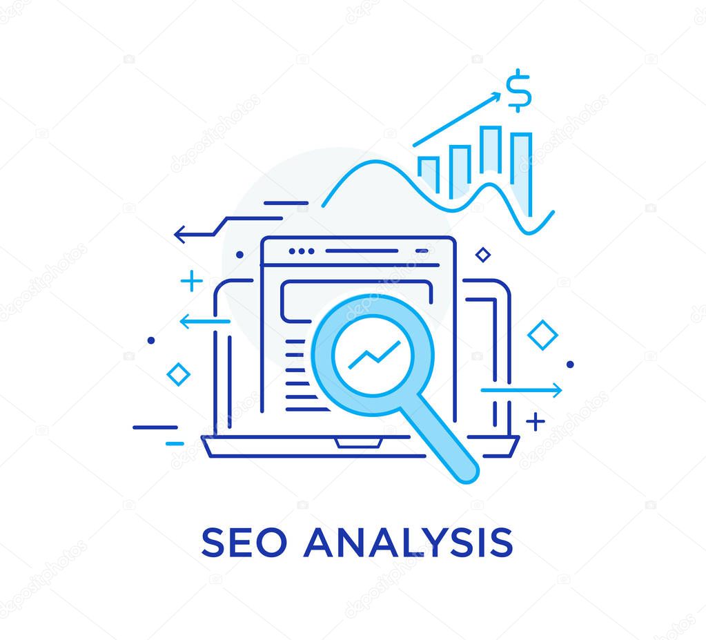 Calculator, data, study. Seo analysis. growth chart. Stock vector illustration in flat design. Line icon illustration