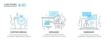 İş kavramı ile çizimler kavram kümesi. İş akışı, büyüme, grafik. Mola, dinlenme, sunum, online, okul. Doğrusal illüstrasyon simgeler infographics. Açılış sayfası sitesi baskı poster. Satır