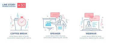 İş kavramı ile çizimler kavram kümesi. İş akışı, büyüme, grafik. Mola, dinlenme, sunum, online, okul. Doğrusal illüstrasyon simgeler infographics. Açılış sayfası sitesi baskı poster. Satır