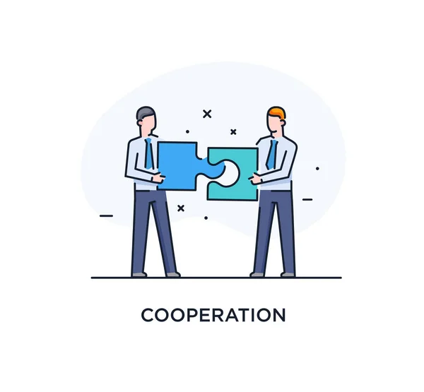 Gli uomini d'affari collegano puzzle. Sforzi congiunti, successo, unione. Cooperazione di successo. illustrazione icona linea — Vettoriale Stock