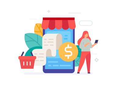 Akıllı telefon simgesi, illüstrasyon üzerinden mal siparişi. Akıllı telefonlar tablet kullanıcı arayüzü sosyal medya. Düz illüstrasyon Simgeler infographics. Açılış sayfası site baskı posteri.