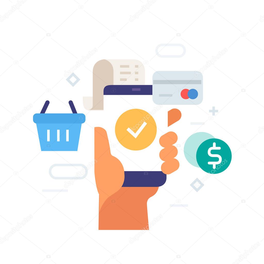 Ordering goods via smartphone icon, illustration. Smartphones tablets user interface social media.Flat illustration Icons infographics. Landing page site print poster.