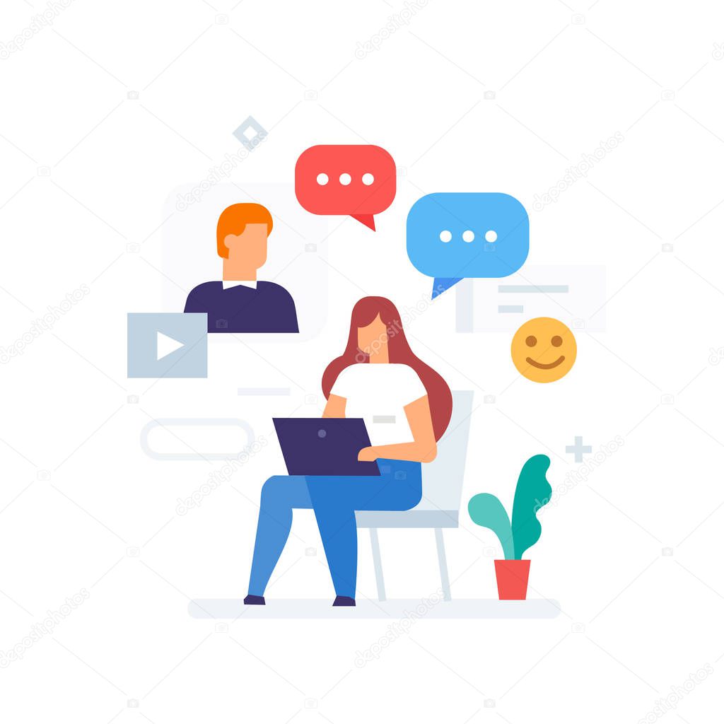 Girl communicates with the guy through the Internet icon, illustration. Smartphones tablets user interface social media.Flat illustration Icons infographics. Landing page site print poster.