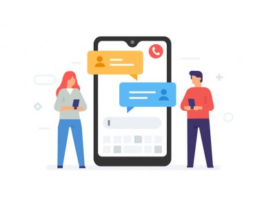 Akıllı telefon vektör illüstrasyonunda sohbet mesajları, cep telefonu ekranında düz çizgi film baloncukları, izole edilmiş bir kadınla cep telefonunda konuşan bir adam.