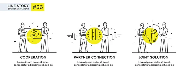 Sada ilustrací s příklady podnikatelů. technologie, partnerství, spojení, obchodní robot, cybesi. lineární ilustrace infografika ikon. Tiskový plakát webu cílové stránky. Text linky — Stockový vektor