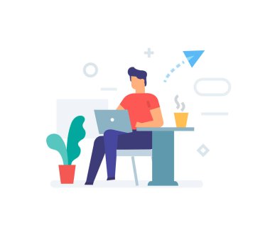 Adam bir kafe simgesi, illüstrasyon bir dizüstü bilgisayar ile oturuyor. Akıllı telefonlar tablet kullanıcı arayüzü sosyal medya. Düz illüstrasyon Simgeler infographics. Açılış sayfası site baskı posteri.