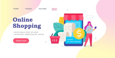 Web sayfası tasarımı. Akıllı telefon simgesi, illüstrasyon üzerinden mal siparişi. Akıllı telefonlar tablet kullanıcı arayüzü sosyal medya. Düz illüstrasyon Simgeler infographics. Açılış sayfası site baskı posteri.