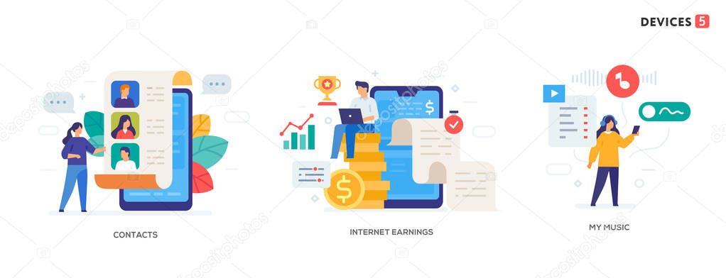 People use gadgets. set of icons, illustration. Smartphones tablets user interface social media.Flat illustration Icons infographics. Landing page site print poster.