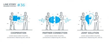 İşadamları ile illüstrasyon kavramı kümesi. teknoloji, ortaklık, bağlantı, iş robotu, kibes. doğrusal illüstrasyon Simgeler infographics. Açılış sayfası sitesi baskı posteri. Çizgi hikayesi