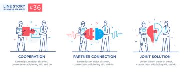 İşadamları ile illüstrasyon kavramı kümesi. teknoloji, ortaklık, bağlantı, iş robotu, kibes. doğrusal illüstrasyon Simgeler infographics. Açılış sayfası sitesi baskı posteri. Çizgi hikayesi