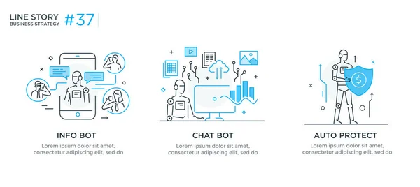 Uppsättning illustrationer koncept med affärsmän. teknik, partnerskap, anslutning, affärs robot, cybes. linjär illustration ikoner Infographics. Affisch för landningssidans webbplats utskrift. Line Story — Stock vektor