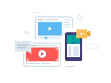 Akış hizmeti, yayın, aygıt simgesi, illüstrasyon. Akıllı telefonlar tablet kullanıcı arayüzü sosyal medya. Düz illüstrasyon Simgeler infographics. Açılış sayfası site baskı posteri.