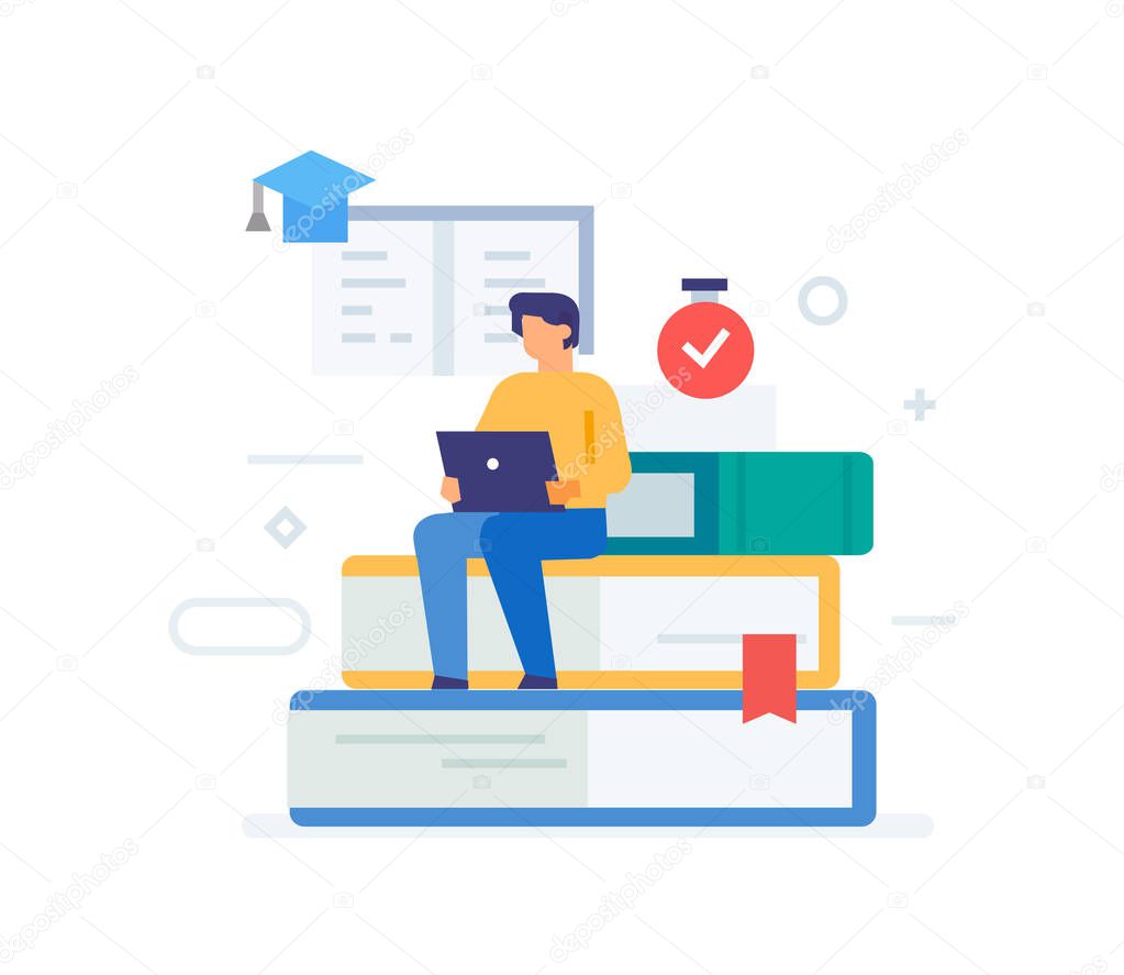 Man reads books internet education icon, illustration. Smartphones tablets user interface social media.Flat illustration Icons infographics. Landing page site print poster.