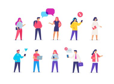 Grup kişileri Gadget 'ları kullanır. simgeler, çizim kümesi. Akıllı telefonlar tabletler Kullanıcı arayüzü sosyal medya. Düz Illustration simgeler Infographics. Açılış sayfası sitesi baskı posteri.