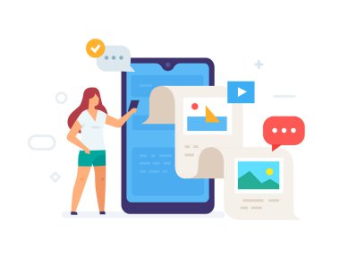 Kız sosyal ağlar simgesi, illüstrasyon bir tatil fotoğrafları gönderin. Akıllı telefonlar tablet kullanıcı arayüzü sosyal medya. Düz illüstrasyon Simgeler infographics. Açılış sayfası site baskı posteri.