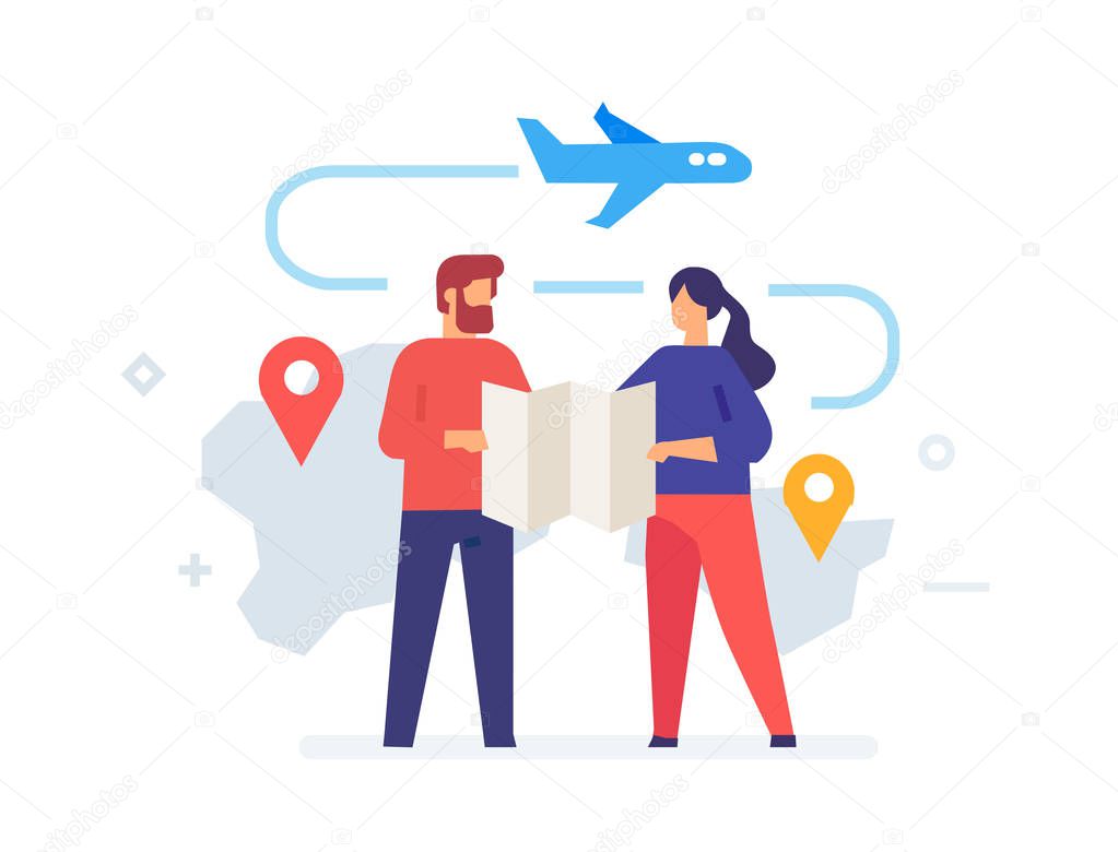 Couple choose a vacation tour, leisure tourism, flights, social networks set of icons, illustration. Smartphones tablets user interface social media.Flat illustration Icons infographics. Landing page