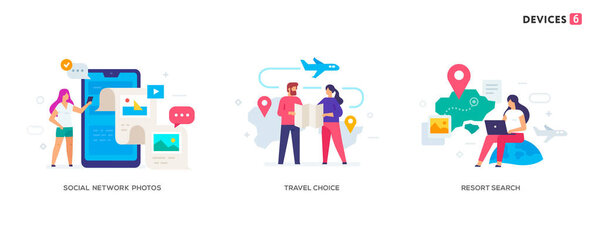 Люди пользуются смартфонами, туризмом, перелетами, набором иконок в социальных сетях, иллюстрациями. Смартфоны планшеты пользовательский интерфейс социальной медиа. Плоская иллюстрация Иконки инфографики. Сайт посадки