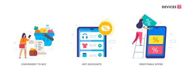 İnsanlar alet kullanır. Bir dizi ikon, illüstrasyon. Smartphone tabletleri kullanıcı arayüzü çevrimiçi alışverişi. Düz illüstrasyon Simgeleri bilgi simgeleri. İniş sayfası baskı posteri.