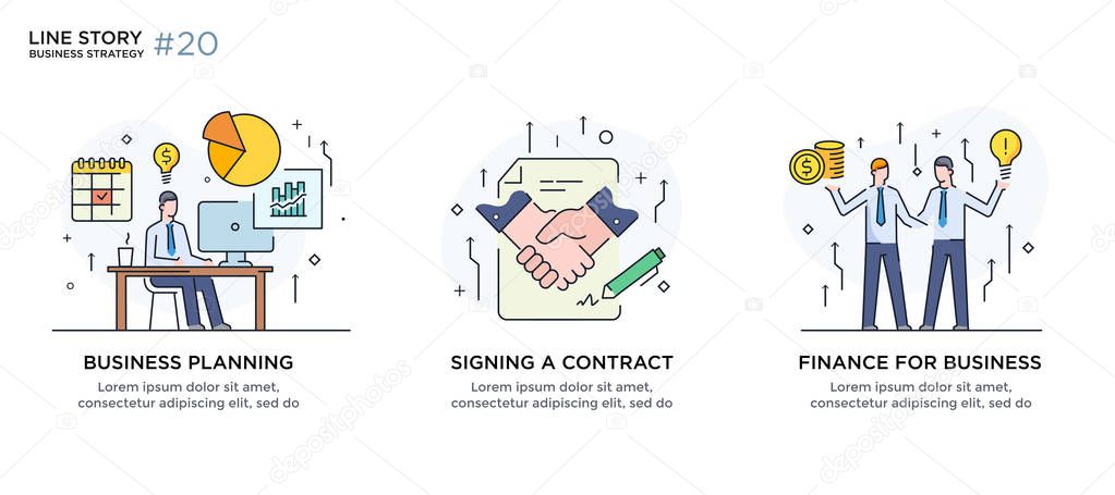Set of illustrations concept with businessmen. Workflow, growth, graphics. Business development, milestones. linear illustration Icons infographics. Landing page site print poster. Line story