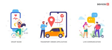 İnsanlar akıllı telefonlar, turizm, spor, spor, spor, sosyal ağlar, ikonlar, illüstrasyon kullanıyor. Smartphone tabletleri kullanıcı arayüzü sosyal medya. Düz illüstrasyon Simgeleri bilgi simgeleri. İniş sayfası