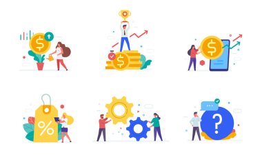 İnsanlar alet kullanır. Bir dizi ikon, illüstrasyon. Smartphone tabletleri kullanıcı arayüzü sosyal medya. Düz illüstrasyon Simgeleri bilgi simgeleri. İniş sayfası baskı posteri.