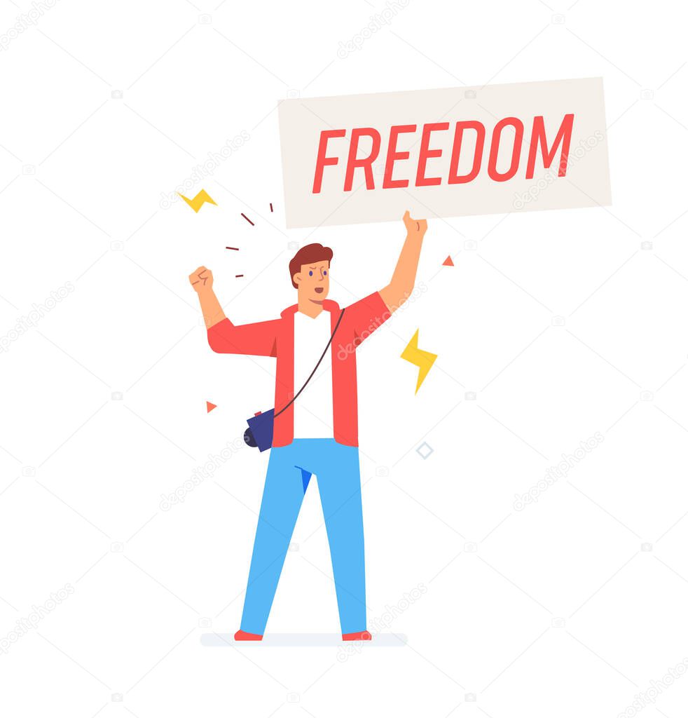 Man protesting with poster. Activist, policy, volunteer, protest. Flat illustration Icons infographics. Landing page site print poster. Eps vector.