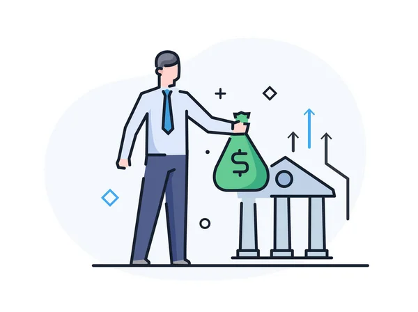 O homem traz dinheiro para o banco. Desenvolvimento de negócios, marcos, start-up. ilustração linear Ícones infográficos. Cartaz de impressão de site de landing page. História da linha —  Vetores de Stock