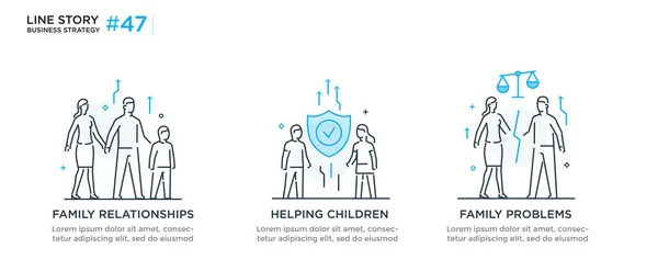 Zestaw ilustracji koncepcja z ludźmi rodziny i spraw społecznych. ilustracja liniowa Ikony infografiki. Plakat wydruku strony lądowania. Artykuł przewodni — Wektor stockowy