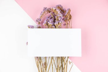 Şirin kurutulmuş Menekşe statice çiçek üst üzerinde beyaz kart ile