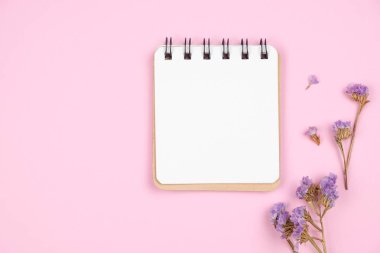Pembe arka plan üzerinde mor çiçekli boş dizüstü bilgisayarın üst görünümü