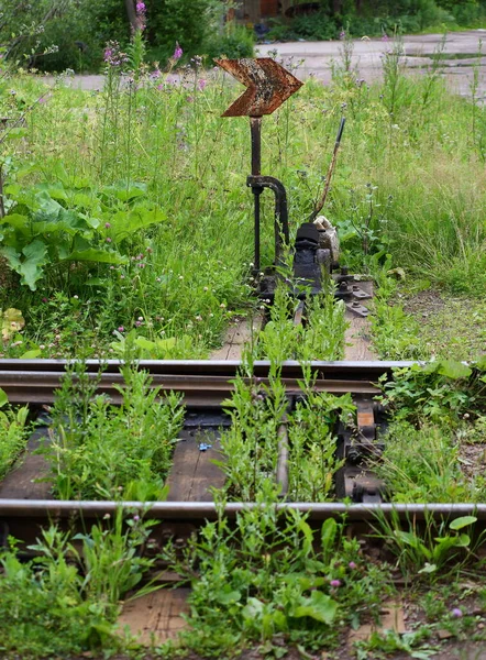 Переключить Железнодорожные Пути Старой Железнодорожной Линии Заросшей Травой — стоковое фото