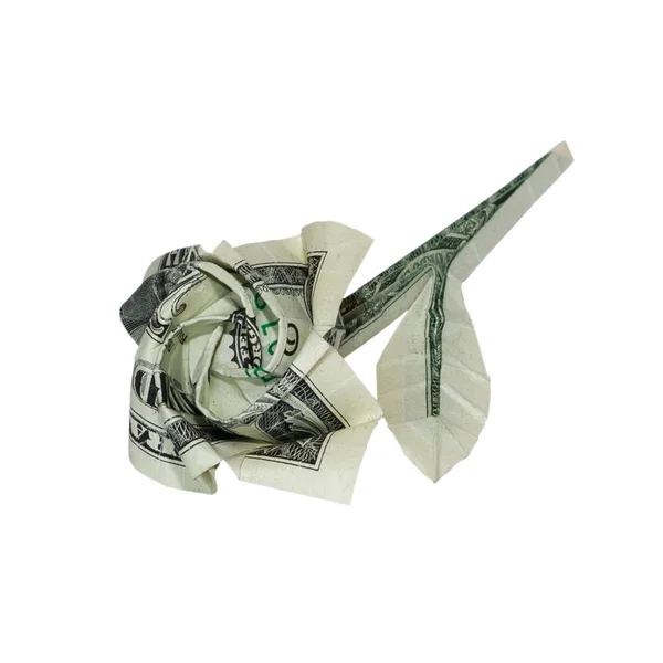 実際のお金折り紙のバラの花が折り畳まれて ドル紙幣に孤立した白い背景 — ストック写真