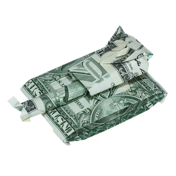 Beyaz Arka Plan Üzerinde Para Origami Tank Ile Gerçek Bir — Stok fotoğraf