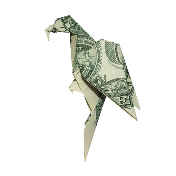 Denaro Origami Parrot Uccello Piegato Con Dollaro Reale Bill Isolato — Foto Stock