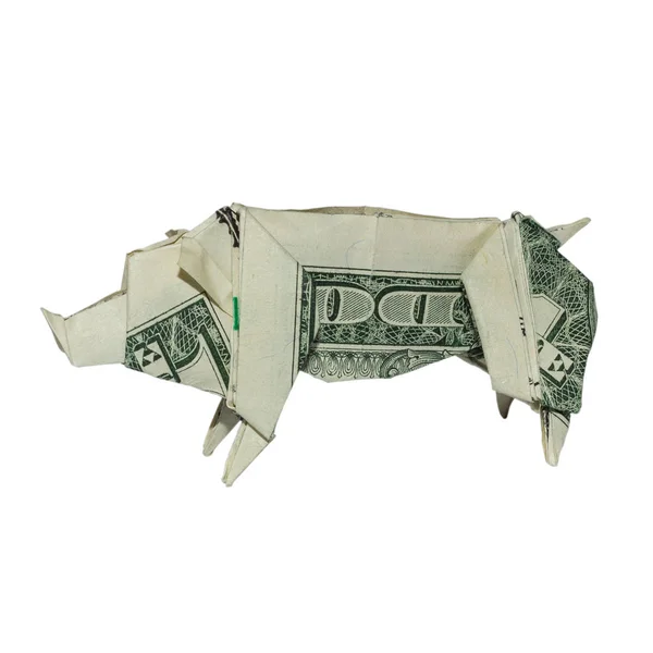 Denaro Origami Cinghiale Piegato Con Real One Dollar Bill Isolato — Foto Stock