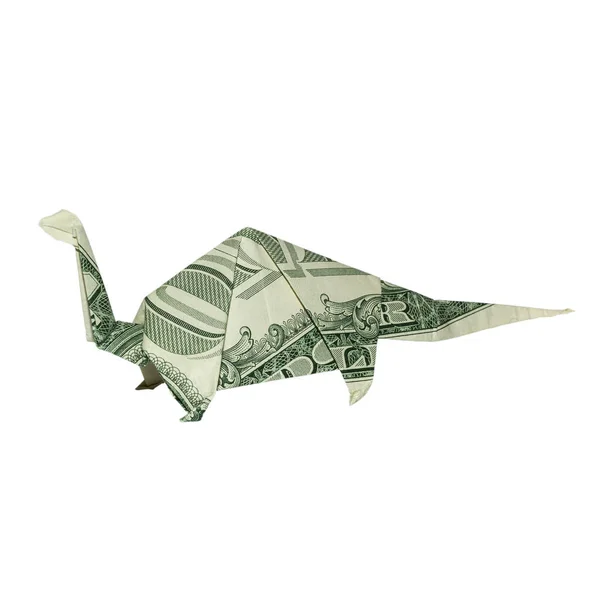 Pengar Origami Apatosaurusen Brontosaurus Dinosaurie Dubbelvikt Med Riktiga Dollarsedel Isolerad — Stockfoto