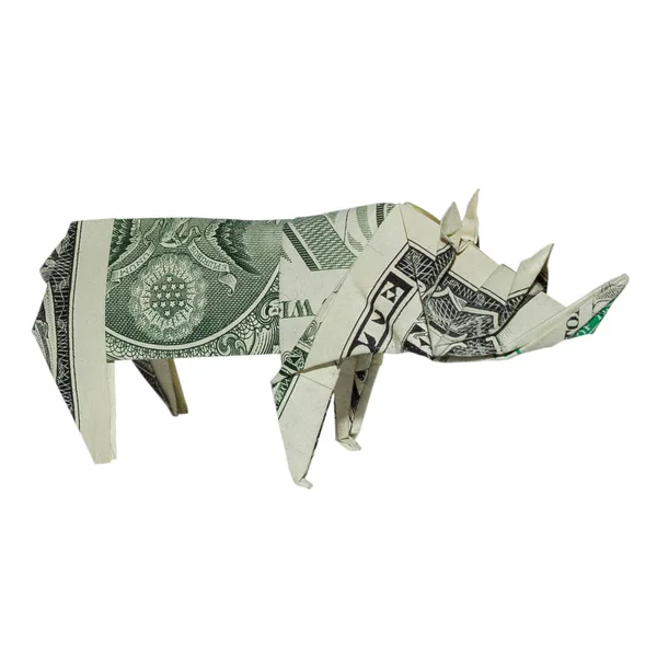 Denaro Origami Rhinoceros Piegato Con Dollaro Reale Bill Isolato Sfondo — Foto Stock