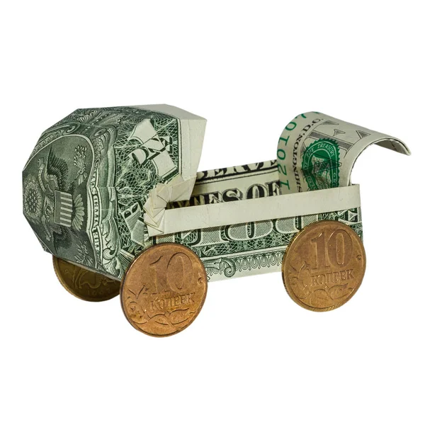 Beyaz Arka Plan Üzerinde Para Origami Bebek Arabası Ile Gerçek — Stok fotoğraf