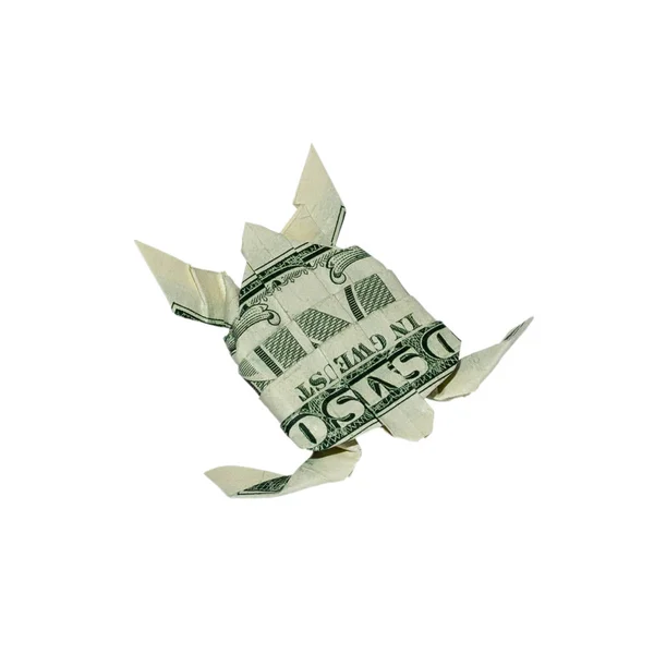 Denaro Origami Turtle Piegato Con Dollaro Reale Bill Isolato Sfondo — Foto Stock