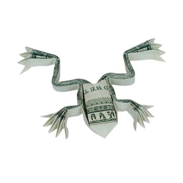 Denaro Origami Frog Piegato Con Dollaro Reale Bill Isolato Sfondo — Foto Stock