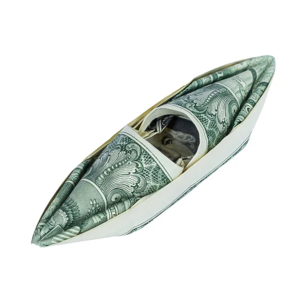 Money Origami Kayak Dobrada Com Real One Dollar Bill Isolado — Fotografia de Stock