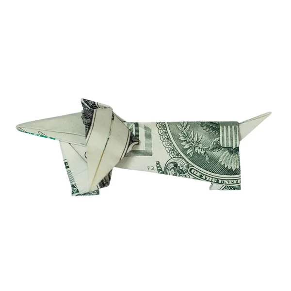 Money Origami Dachshund DOG Folded with Real One Dollar Bill Isolated on White Background