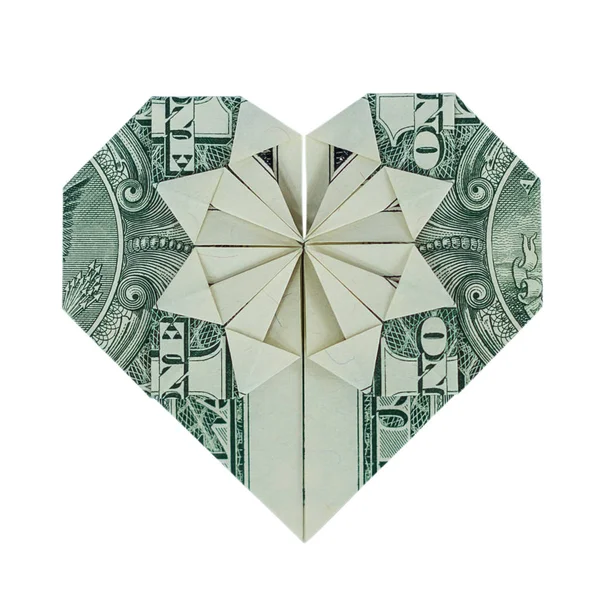 Dinero Origami Corazón Doblado Con Billete Dólar Real Aislado Sobre — Foto de Stock