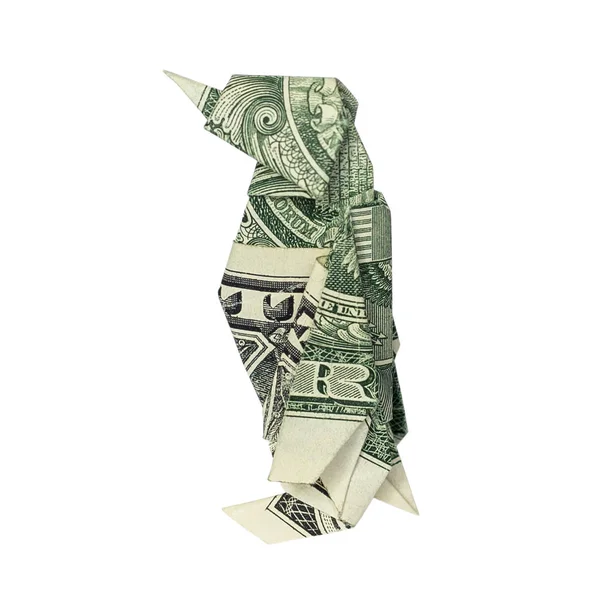 Denaro Origami Penguin Uccello Piegato Con Dollaro Reale Bill Isolato — Foto Stock
