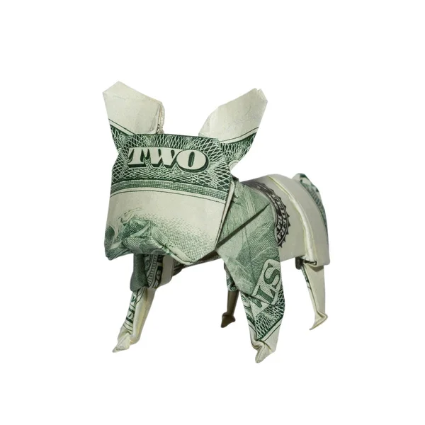Denaro Origami Bulldog Cane Piegato Con Reale Due Dollari Bill — Foto Stock